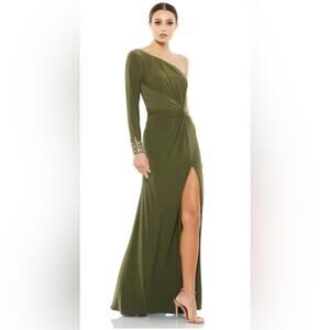 NWT Mac Duggal One Sleeve Beaded Cuff Side Twist Gown Olive 6 55696